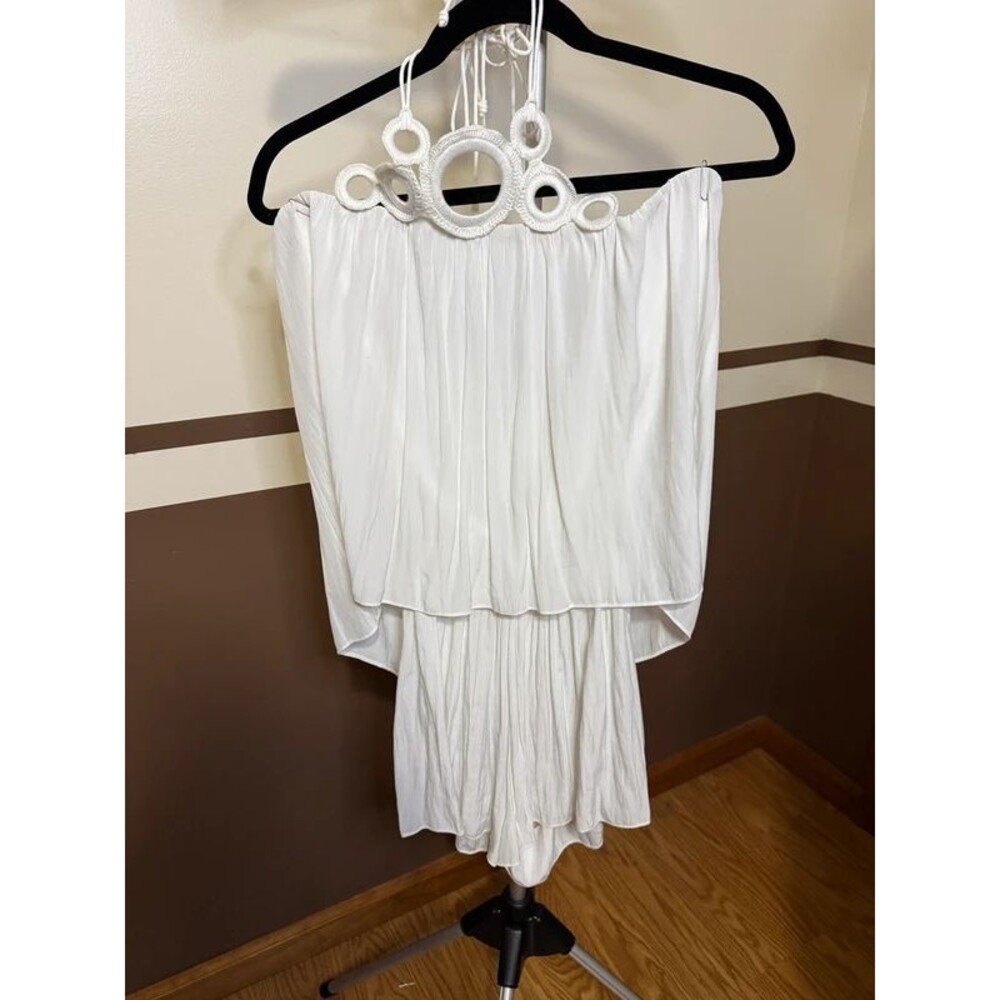 NWT Ramy Brook White Halter Romper Crochet Neck Boho Size L